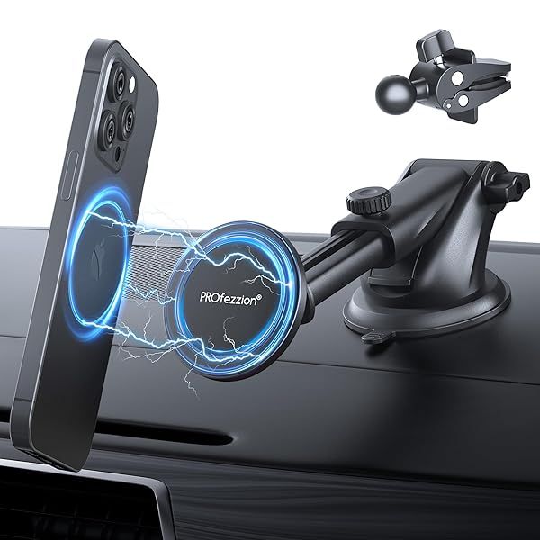 PROfezzion Magnetic Phone Holder for Car: Suction Cup & Vent Clip for iPhone 16/15/14/13 Pro Max & All Phones