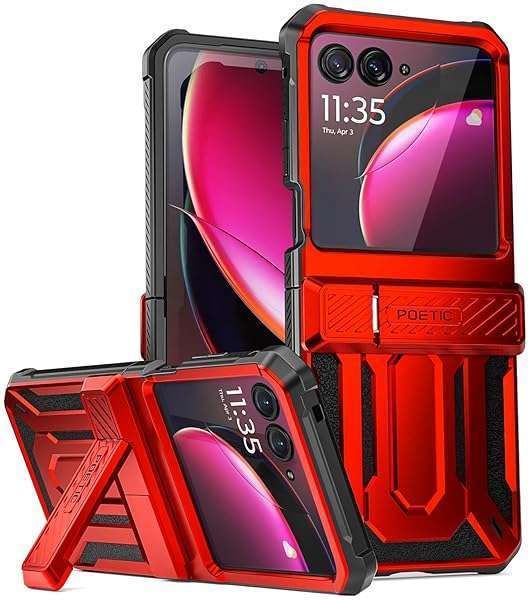 Poetic Spartan Case for Moto Razr Plus 2023 - Rugged Shockproof Cover with Kickstand in Metallic Red