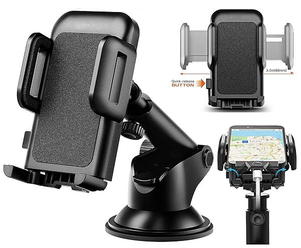 Pokanic Car Cell Phone Mount Adjustable 360 Rotation Stand Holder Three-Side Grips Design One Touch Clamp Compatible with iPhone Galaxy Note Pixel Universal (Dashboard Mount)