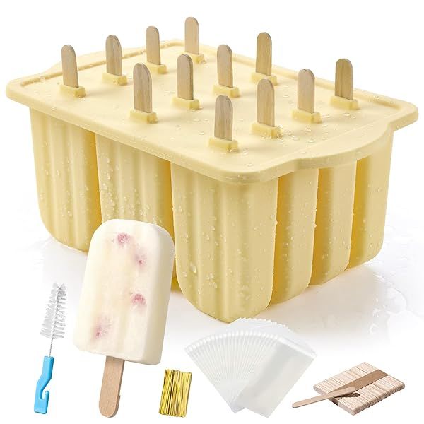 MEETRUE 12 Pieces Silicone Popsicle Molds Easy Release BPA Free Ice Pop Maker with 50 Popsicle Sticks and Cleaning Brush