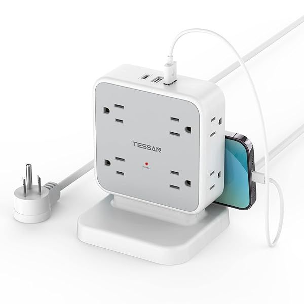 Power Strip Tower Surge Protector, TESSAN 8 AC Outlets with 3 USB (1 USB C Port), 5 FT Flat Plug Extension Cord with 900 Joules Protection, Desk