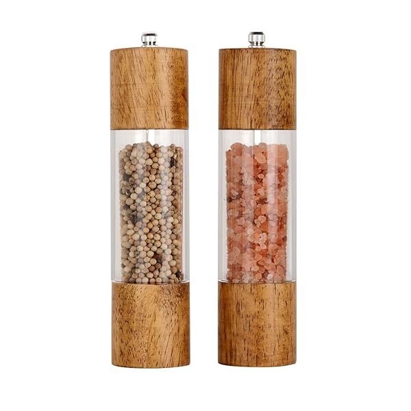 Premium Acrylic Salt and Pepper Grinder Set Manual Wooden Shakers with Adjustable Ceramic Core 8 Inch Pack of 2