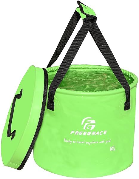 Premium Collapsible Bucket by Freegrace - Lightweight 23L Portable Water Container with Mesh Pocket (Green, Upgraded)