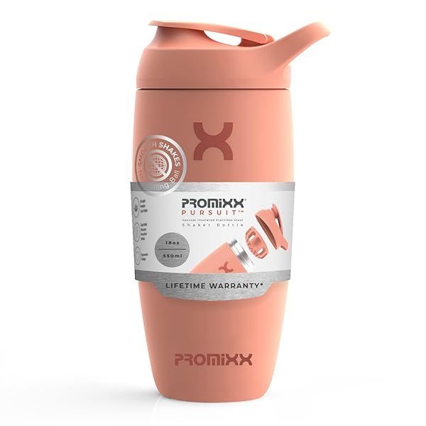 Promixx Pursuit 18oz Insulated Stainless Steel Shaker Bottle - Coral Blender Cup for Smoothies & Drinks