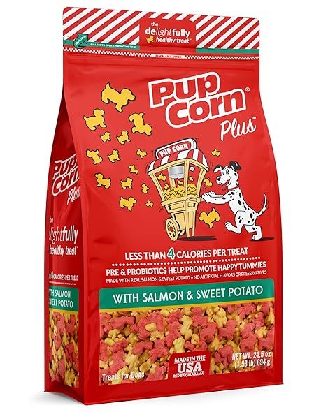 Pup Corn Plus Puffed Dog Treats with Prebiotics Probiotics Salmon Sweet Potato 24oz Made in USA