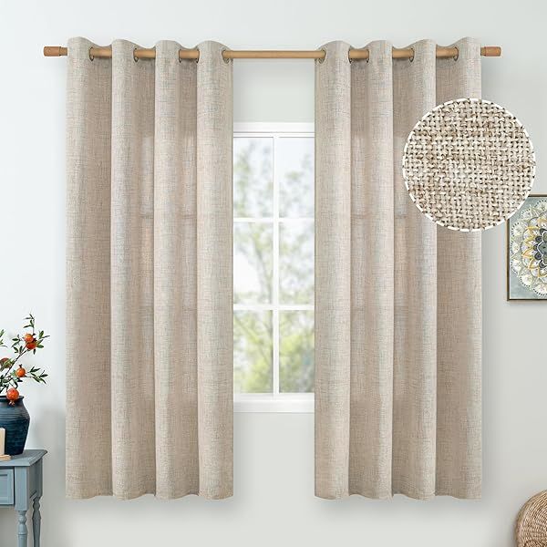 QUEMAS Linen Curtains 63 Inch Light Filtering Semi Sheer Grommet Drapes for Living Room and Bedroom Farmhouse Decor 52 Inch Wide 2 Panels Natural
