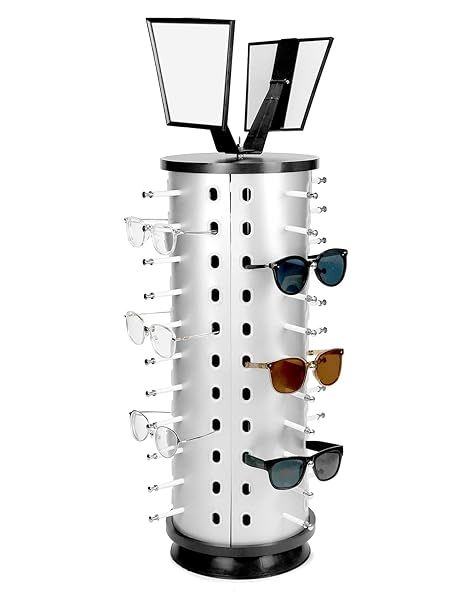 QWORK Glasses Holder Organizer, Rotating Sunglasses Display Stand, 44 Pairs Sunglasses Holder Eyeglass Display Turning Stand with Mirror, Store