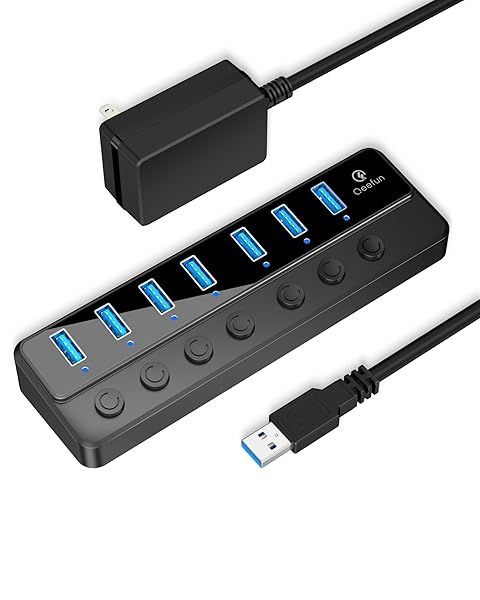 Qeefun 7-Port USB 3.0 Hub with LED Switches and Power Support for Laptop Desktop PC iMac and More