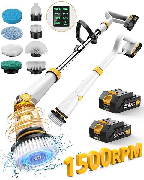 Qimedo Q2 Pro Electric Spin Scrubber with Two Batteries High Power 1500 RPM Cordless Cleaning Brush for Tub Tile Floor with Display and 8 Brushes