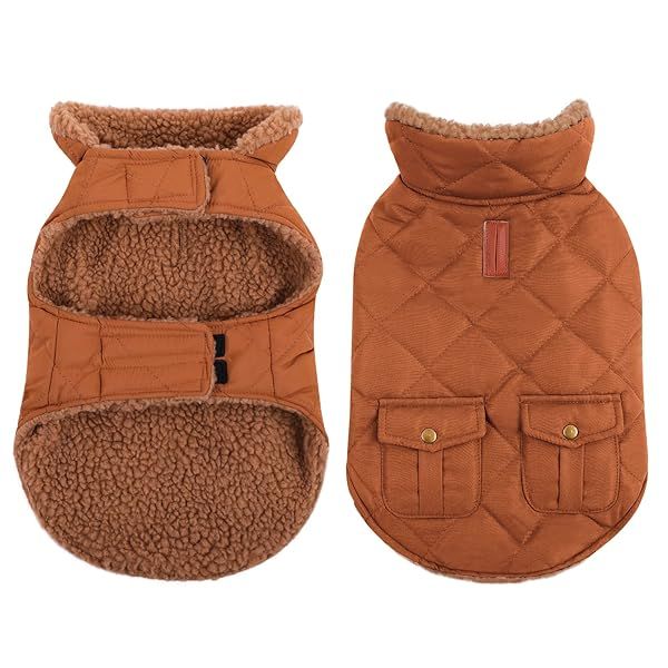 Queenmore Warm Dog Coat Cold Weather Puffer Jacket Ultra Thick Plush Lining with Pockets for Small Dogs in Brown