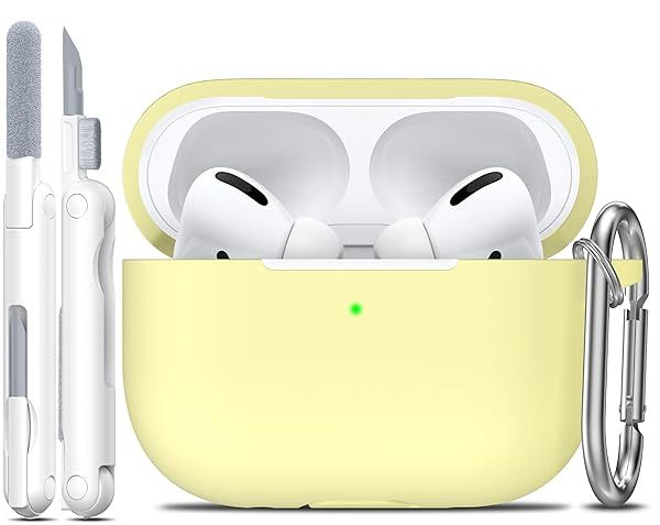 Rfun Soft Silicone Protective Case for AirPods Pro 2nd 1st Generation with Cleaner Kit and Keychain Cream Yellow for Men and Women