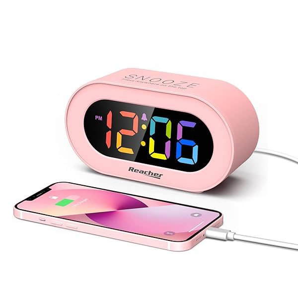 REACHER Pink Girls Alarm Clock, Dimmable Colorful LED Digital Display, USB Phone Charger Port, Simple Operation for Kids, Adults, Adjustable Volume,