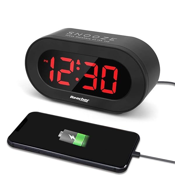 REACHER Small LED Digital Alarm Clock with USB Charger Adjustable Volume Easy Snooze Full Brightness Dimmer for Bedrooms Black