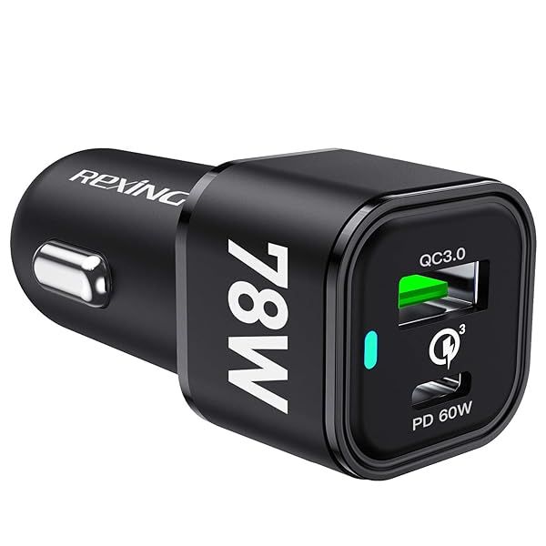 REXING JETSPEED Black 78W PowerDrive USB Car Charger Dual Port QC3.0 PD3.0 Fast Charge for Dashcam Android iPhone iPad MacBook Windows