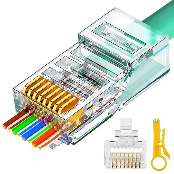 RJ45 Cat6 Cat5e Pass Through Connectors 100 Pack Gold Plated 3 Prong 8P8C Modular Ethernet Cable Plugs for Solid Wire and Standard Cables