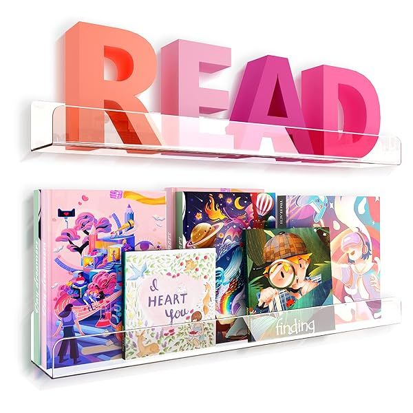 RORKIM 24 Inch Wall Mounted Kids Bookshelf Clear Acrylic Display Shelves for Nursery Toddler Classroom Set of 2