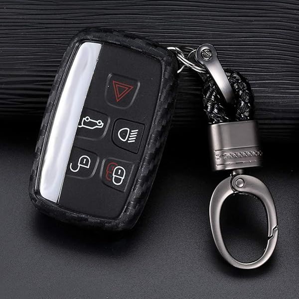 Royalfox 5 Button Silicone Carbon Fiber Smart Remote Key Fob Case Cover for Land Rover and Jaguar Models