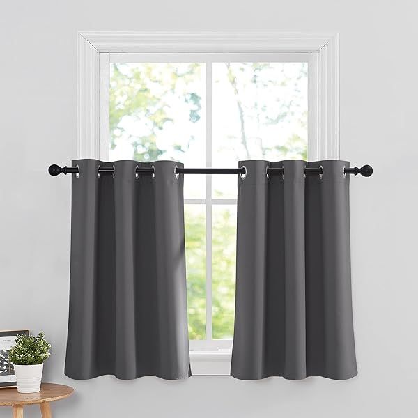 RYB HOME Grey Blackout Curtain Tiers Set of 2 Thermal Insulated Short Blinds for Small Windows Kitchen Living Room 42x36 Inches