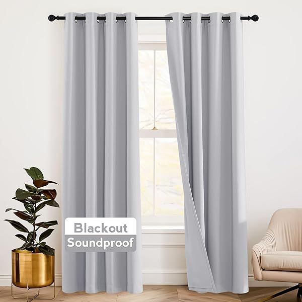 RYB HOME 84 Inch Soundproof Curtains 2 Panels Set Blackout Thermal Insulated Drapes for Bedroom Living Room Playroom Silver Grey