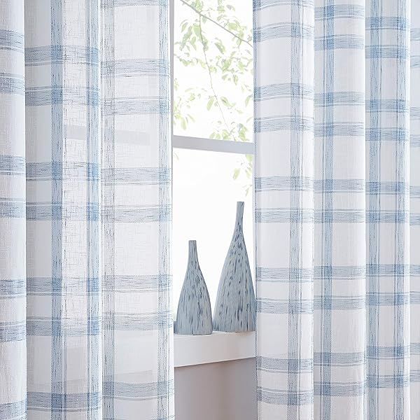 Randall White Blue Check Window Curtain Panel Pairs 63 Inch Long Rustic Farmhouse Style Semi Sheers for Living Room and Bedroom