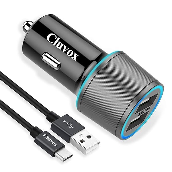 Fast USB C Car Charger for Samsung Galaxy S23/S22/S21/Note 20 - Quick Charge 3.0 Dual USB 18W + 6.6ft Type C Cable