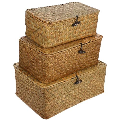 Rattan Storage Basket Makeup Organizer with Lid - Stylish & Versatile Containers (S/M/L) for Home & Office