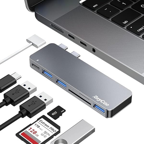 RayCue USB C Hub for MacBook Pro/Air M1 M2 M3 (2019-2023) - 6-in-2 Multiport Adapter with Thunderbolt 3 & USB 3.0 Ports