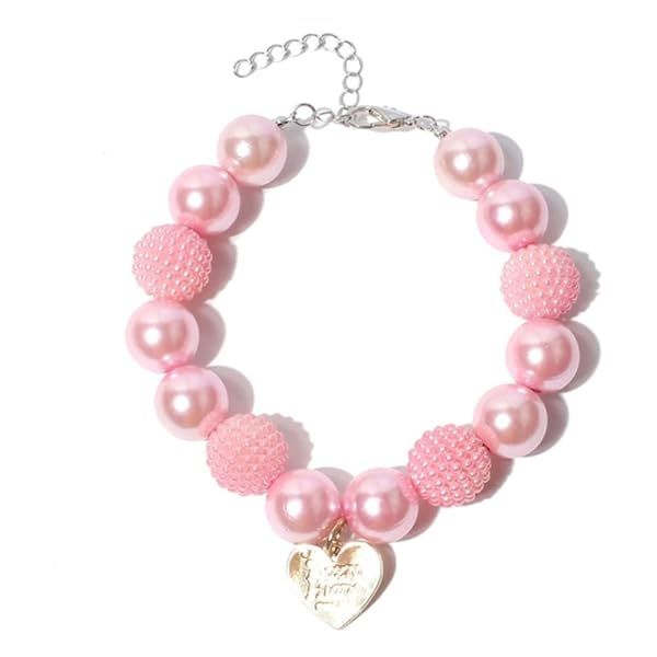 RayMinsino Cute Teddy Dog Pearl Necklace with Pink Heart Pendant for Small and Medium-Sized Dog Collars and Accessories