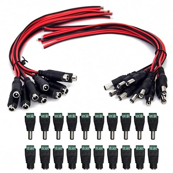 Real 18AWG 10 Pairs DC Power Pigtail Cables 12V 5A Male Female and 10 Pairs DC Power Jack Plug Adapter Connectors for CCTV Security