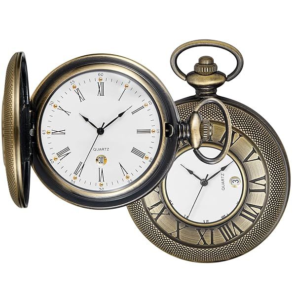 Realpoo Hollow Roman Digital Pocket Watch Cover for Men Quartz Pocket Watch with Chain HVQ-bronze Calendar Roman Dial