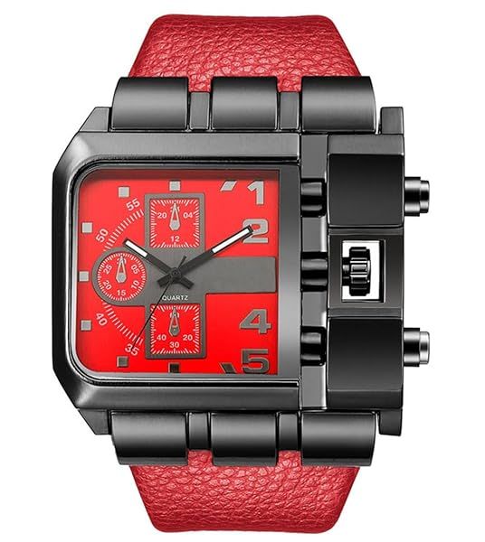 Reginald Hip Hop 53MM Men's Large Face Square Watch Stainless Steel Quartz Leather Strap Red Dial