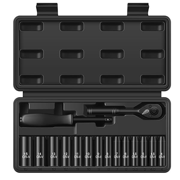 Reniteco 16 Piece Metric Socket Set 1/4 Drive Deep Sockets 72 Tooth Ratchet Wrench and Spinner Handle Cr-V Quality Tools