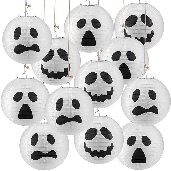 Retisee 12 Pcs Halloween Paper Lanterns Ghost Lanterns 8 Inch Round Hanging Lanterns for Indoor Outdoor Party Decorations