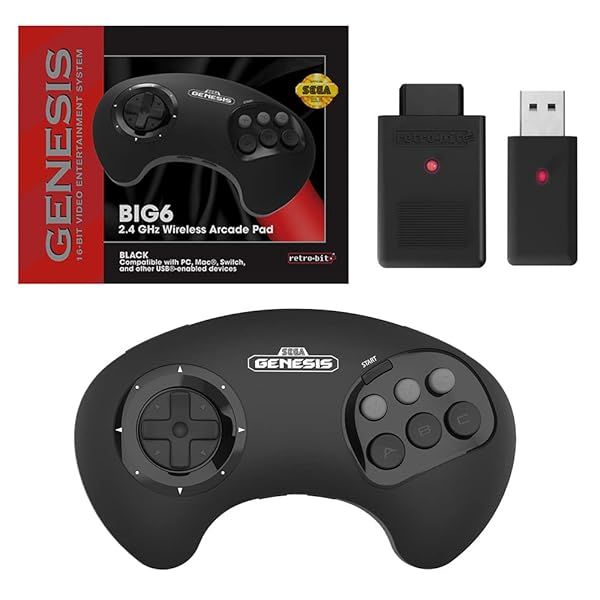 Retro-Bit BIG6 2.4 GHz Sega Genesis Wireless Arcade Controller Pad for Sega Genesis Original Mini, Switch, PC, Mac - Black