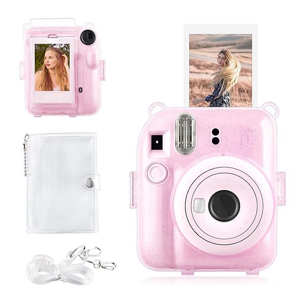 Rieibi Clear Glitter Case for Fuji Instax Mini 12 with Back Pocket Strap and Photo Album in Glitter Pink