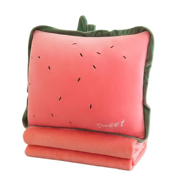 Rikyo 15 Inch Stuffed Fruit Travel Blanket and Pillow Set Plush Hugging Pillow for Kids Airplane Train Bed Office Nap Watermelon Red