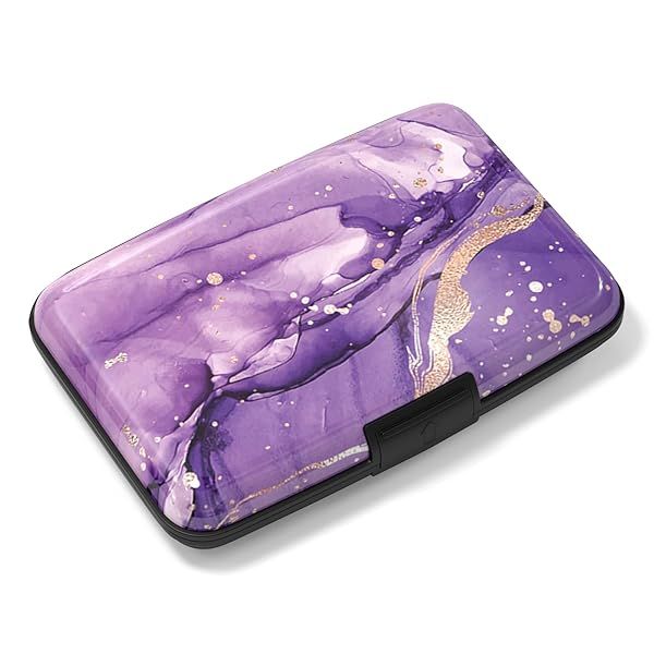 Rimilak Aluminum Credit Card Holder Mini RFID Blocking Slim Metal Wallet for Women and Men in Purple Marble