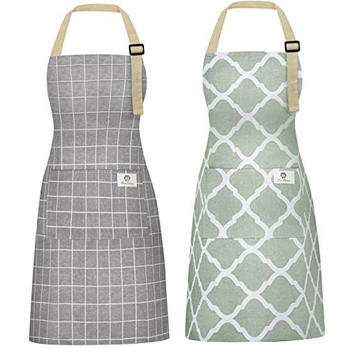 Riqiaqia 2 Piece Waterproof Cotton Linen Aprons for Women and Men with Pockets Adjustable Neck Strap and Long Ties in Grey and Green