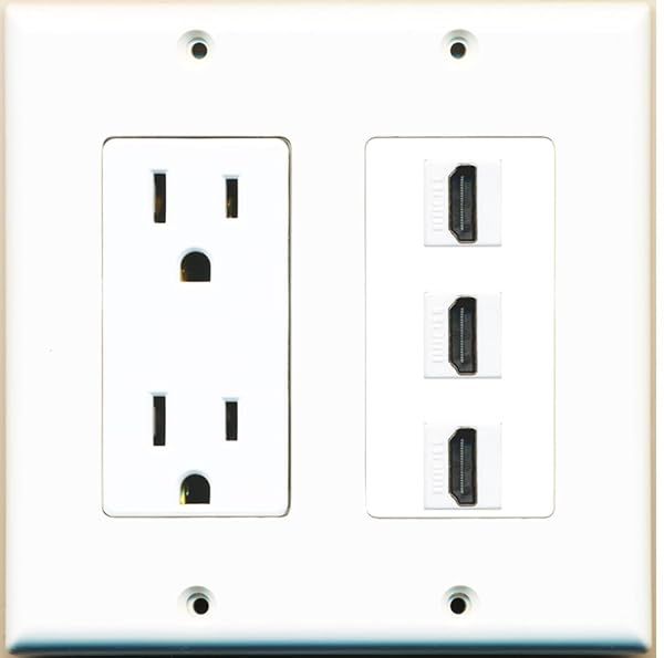 RiteAV 15 Amp Power Outlet 3 Port HDMI Decorative Wall Plate White for Home Theater and Entertainment Systems