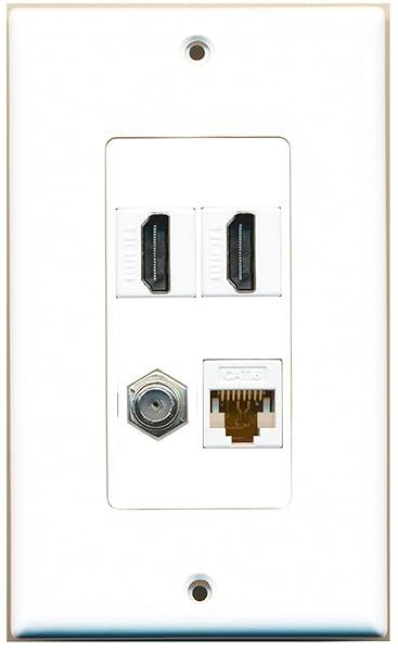 RiteAV 2 Port HDMI & Coax Cable TV Wall Plate - F-Type & Cat6 Ethernet - White Decorative Design
