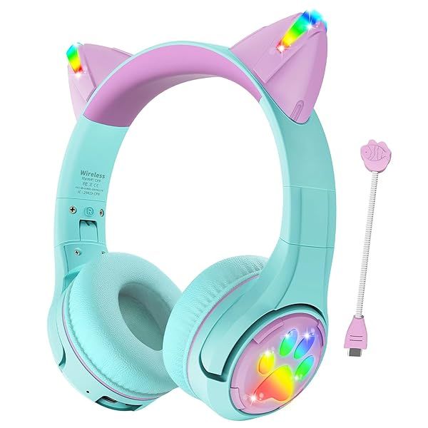 Riwbox CF9 Cat Ear Kids Bluetooth Headphones - LED, 85dB Volume Limit, Mic for School & Online Learning (Green)