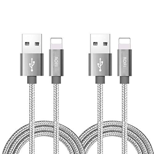 RoFI 2Pack 2 Feet Nylon Braided Fast Charging USB Phone Charger Cable Compatible with iPhone X 8 7 6 Plus 5S SE Air Mini Silver