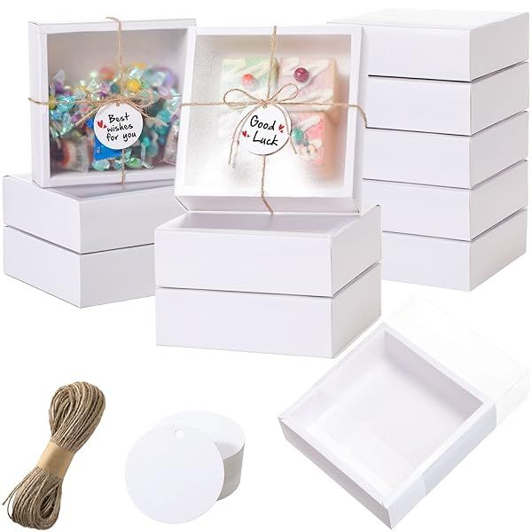Roowest 50 Sets Kraft Gift Boxes Rectangle Drawer Box with Window for Soap Jewelry Candy Wrapping Party Favor White 6.5 x 6.5 x 2 Inch