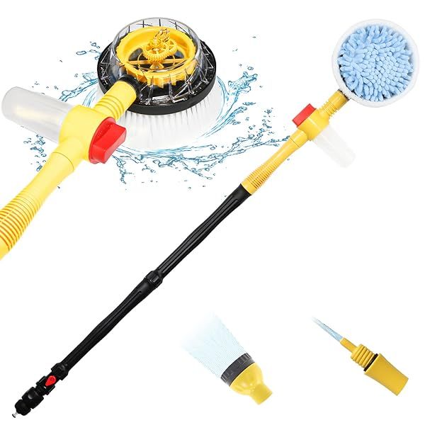 Ultimate Rotating Car Wash Brush Kit: Long Handle Foam Brush & Pressure Washer Nozzle for Cars, Yards & Pets