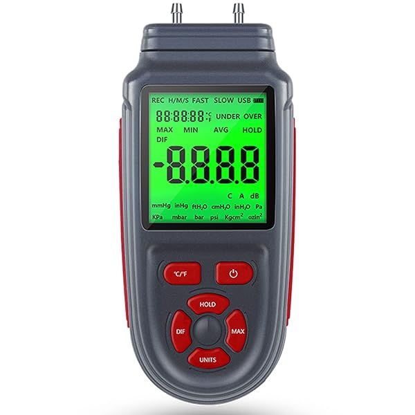 RuchundeBu Digital Manometer, 12 Selectable Units Differential Pressure Gauge,Handheld Dual Port Manometer,LCD with Backlight Gas Pressure