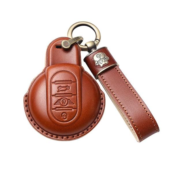 SANRILY Leather Car Key Cover for Mini Cooper 2016-2021 with Lucky Cat Keychain Protective Case for Keyless Remote Key Holder Brown