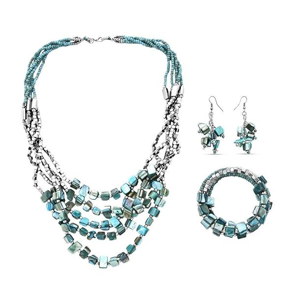 Shop LC Handmade Chunky Blue Beaded Jewelry Set: Long Necklace, Bracelet & Earrings - Perfect Boho Gifts for Women