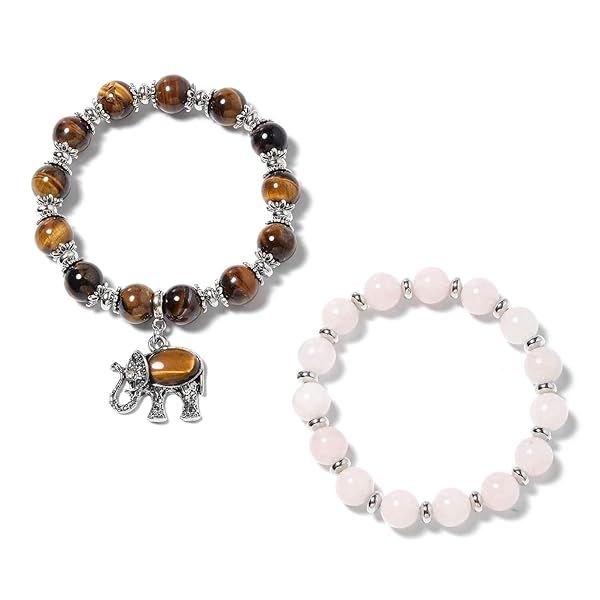 Shop LC Tiger's Eye Elephant Charm & Rose Quartz Beaded Bracelet Set for Women - Stylish & Stretchable Jewelry