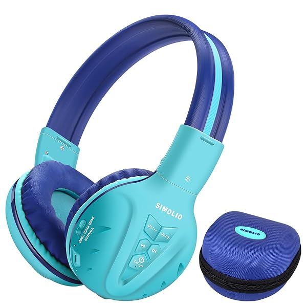 SIMOLIO Kids Bluetooth Headphones Wireless Over Ear Adjustable Volume Safe for Children Travel Tablet Airplane Blue
