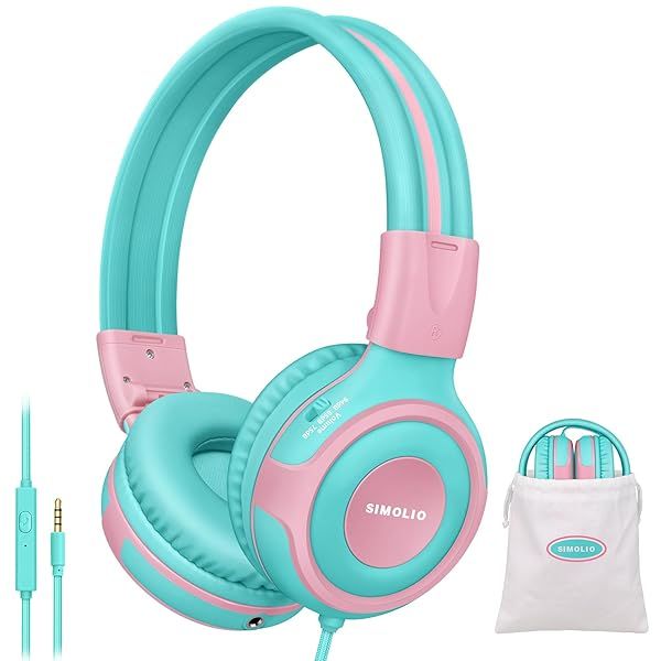 SIMOLIO Kids Headphones with Mic Volume Limit Share Port for Tablet iPad Kindle Laptop Sturdy Wired Headsets with Portable Bag Mint Pink